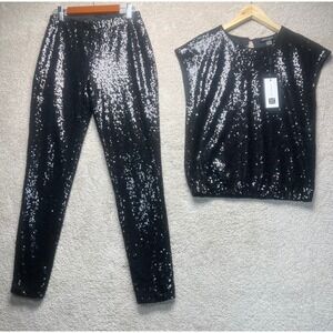 Cable & Gauge Black Sequin Two Piece Set Top Pants XS Evening Party